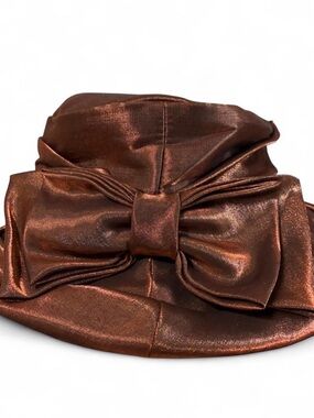 VTG Galeries Lafayette Paris Bronze Metallic Hat - Bow Detail - French